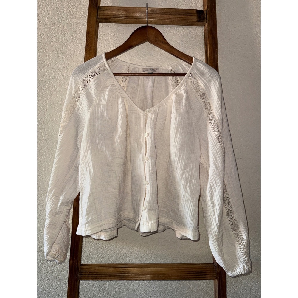 Universal Thread White Cotton Gauze Lace Insert Button Down Blouse Medium